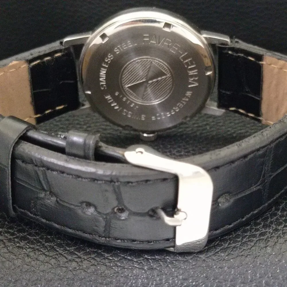Vintage 1965 Favre Leuba Twin Power Manual Mens Silver Watch W/Leather Strap